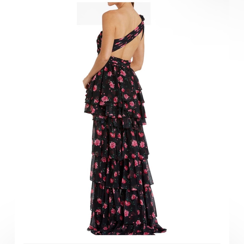 Mac Duggal Black One-Shoulder High-Low Floral Dress with Pink Roses - Picture 5 of 5